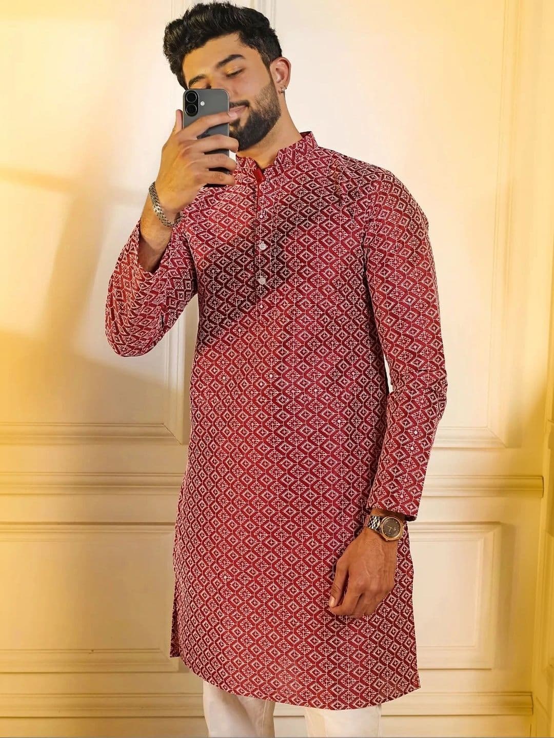 Leipzig Fashion Men Geometric Printed Thread Work Kurta - view 1