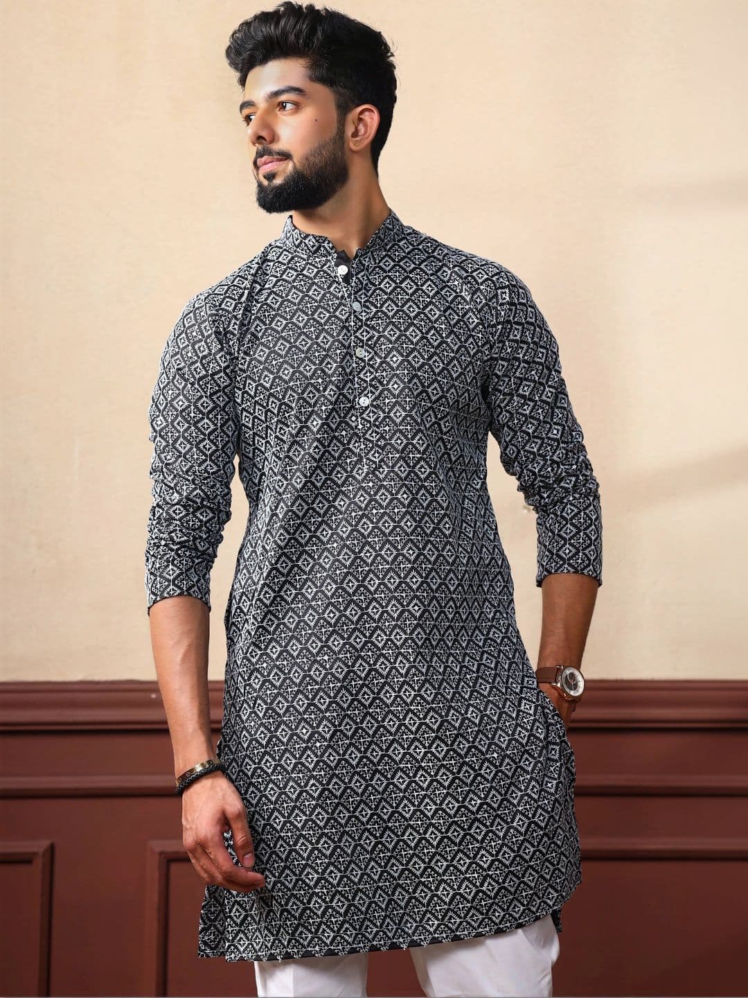 Moda Rapido Men Geometric Printed Handloom Kurta - view 1