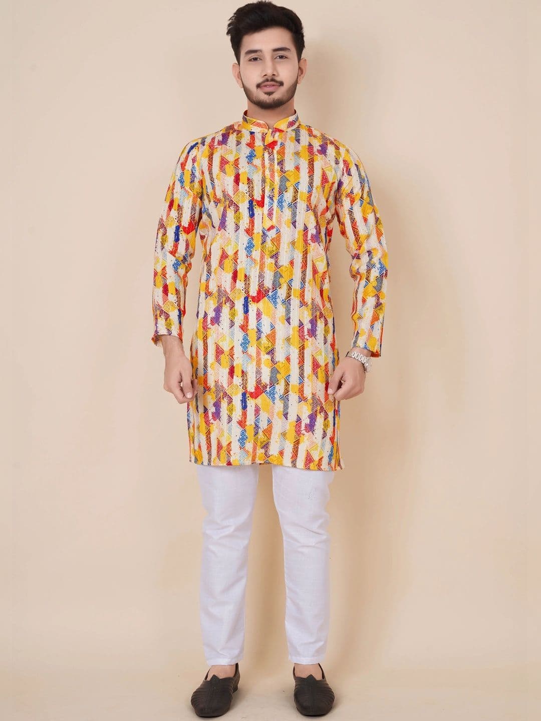 Moda Rapido Men Geometric Printed Handloom Kurta - view 1
