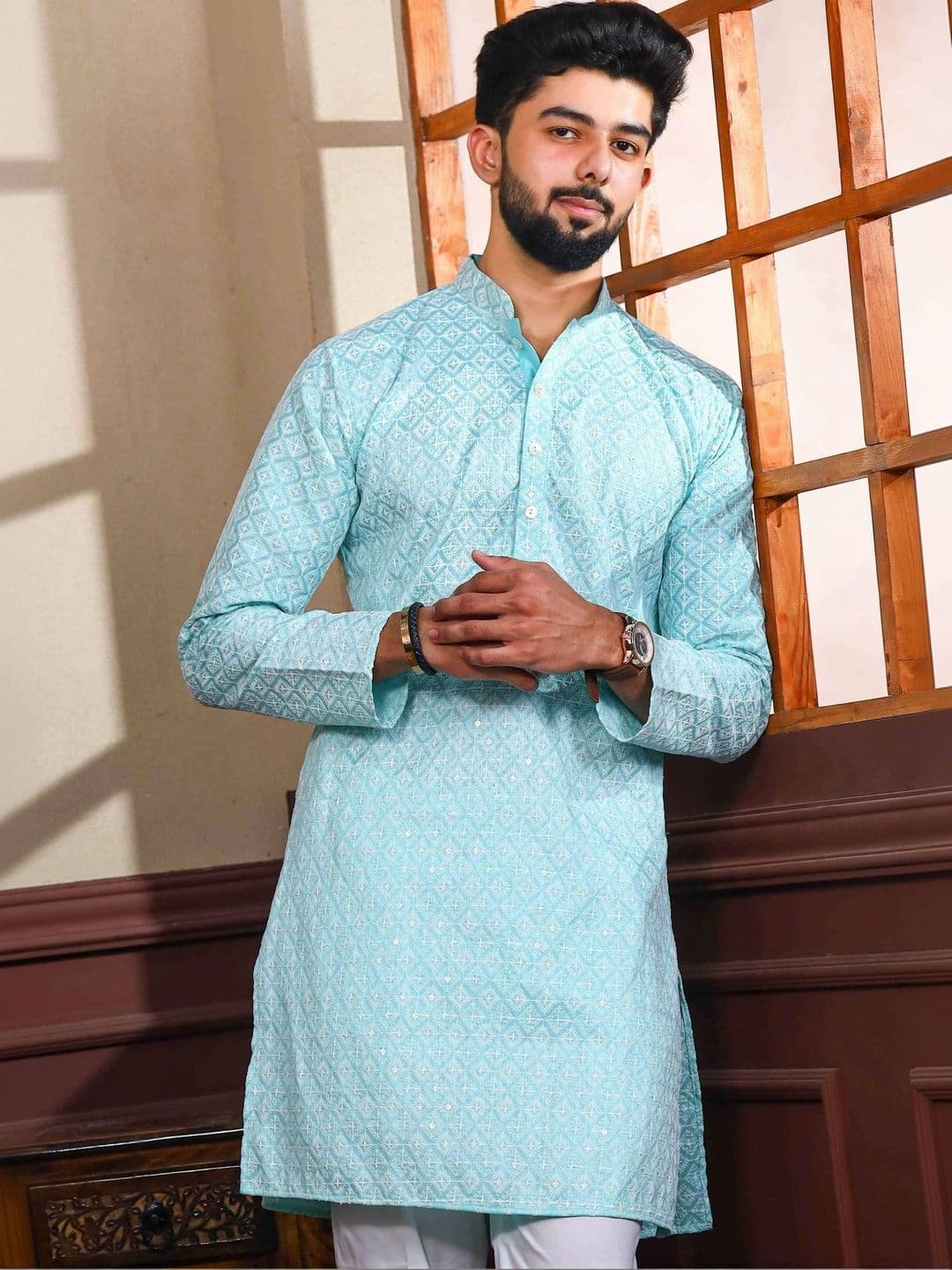 Moda Rapido Men Geometric Embroidered Handloom Kurta - view 1