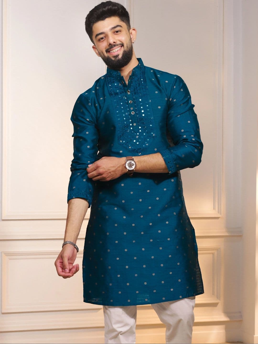 Koshin Floral Woven Design Mandarin Collar Neck Regular Jacquard Art Silk Straight Kurta - view 1