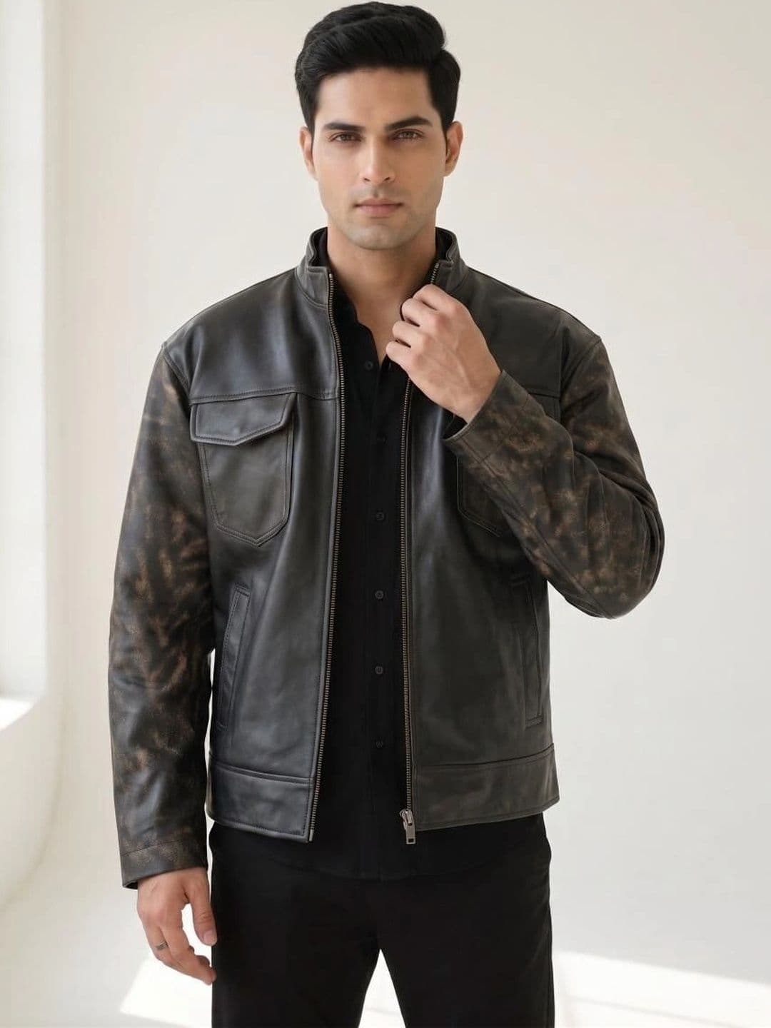 Mark Styling Men Washed Leather Leather Jacket - view 1