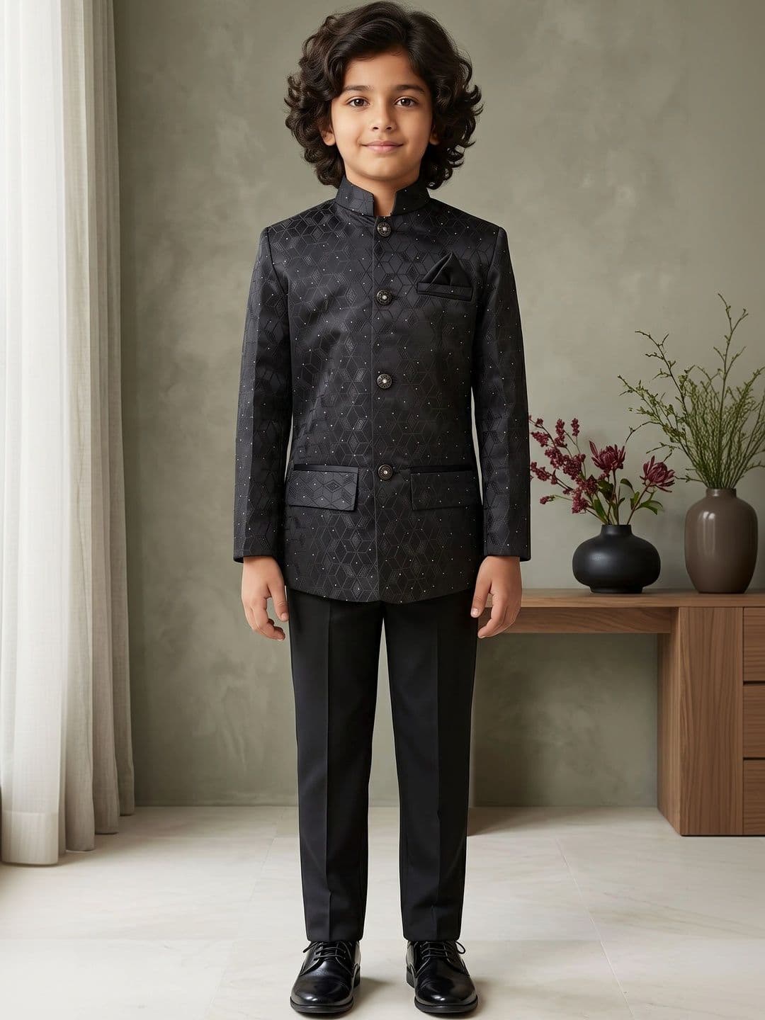 ahhaaaa Boys Embroidered Mandarin Collar Bandhgala Jodhpuri Sherwani Set - view 1