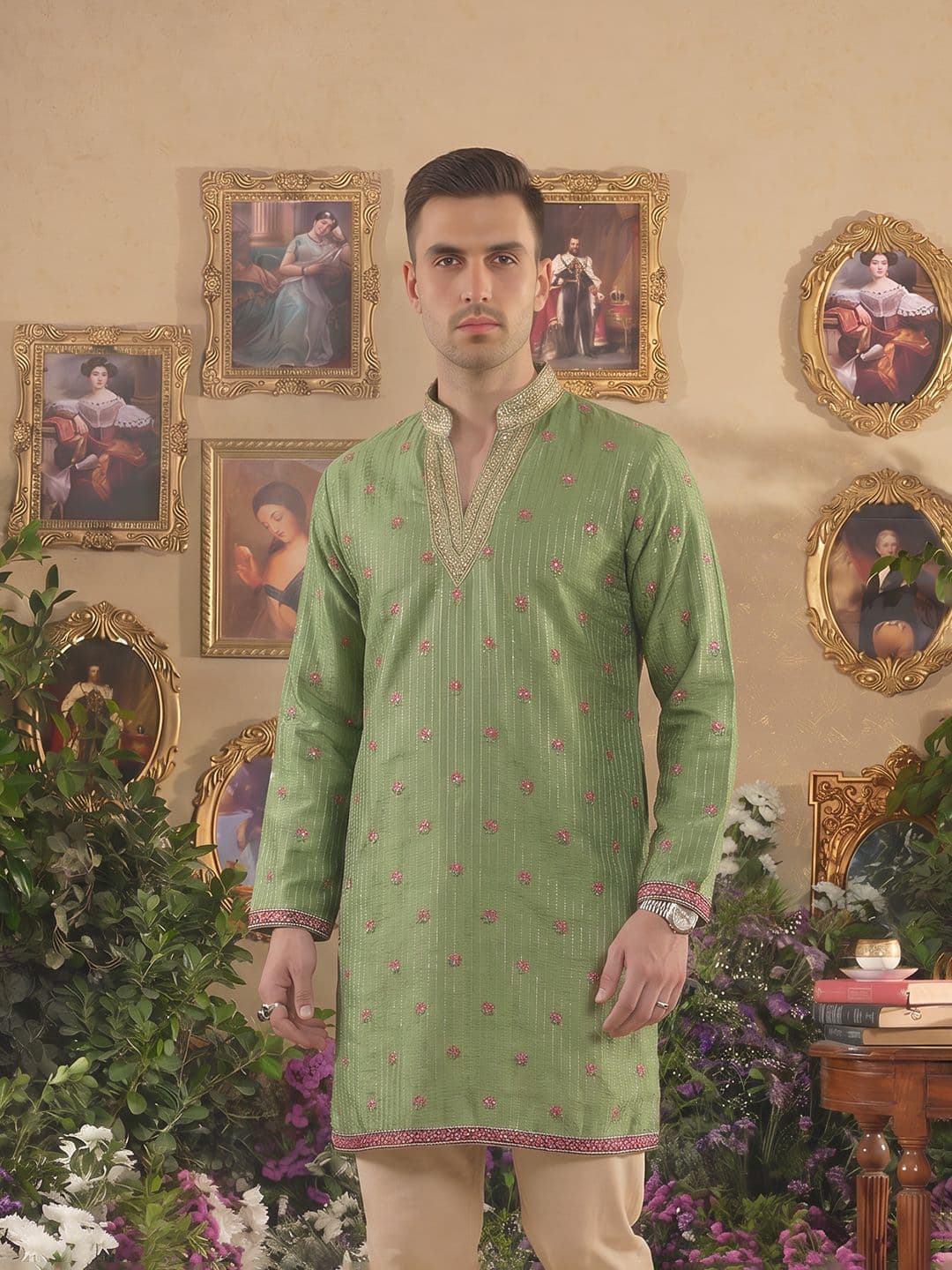 House of Pataudi Jashn Ethnic Motifs Sequinned Embroidered Straight Kurta - view 1