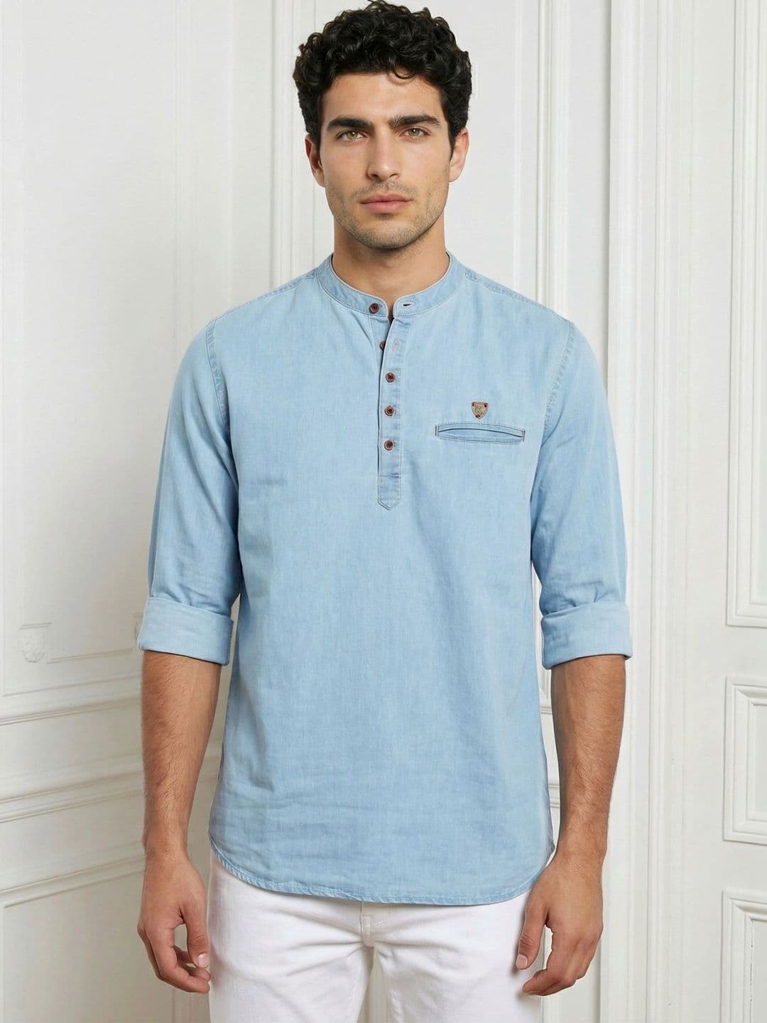 Kuons Men Icewash Blue Denim Short Kurta - view 1