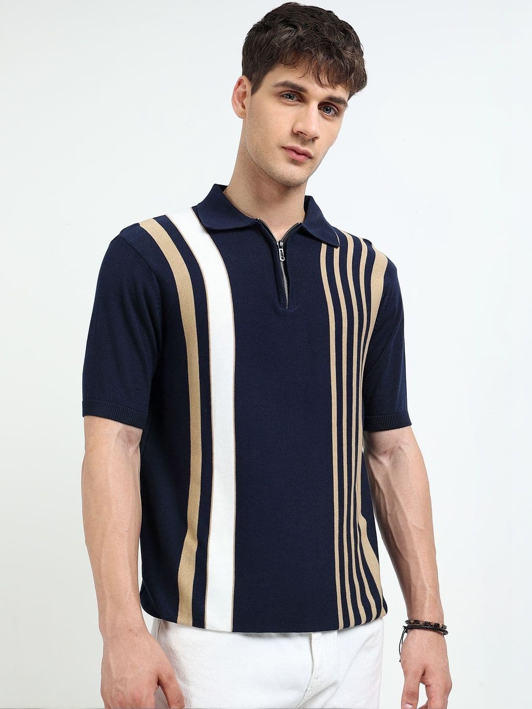 MOHICANS Men Striped Polo Collar Pure Cotton Zipper Tshirt - view 1