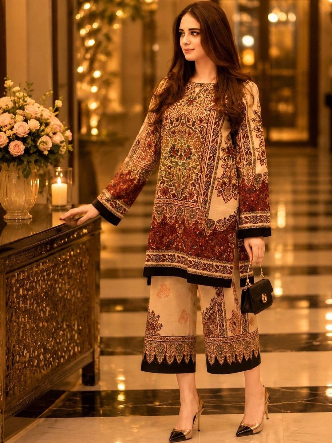 BE IN TEXO FAB Indie Florals Printed Tunic with Palazzos - view 1