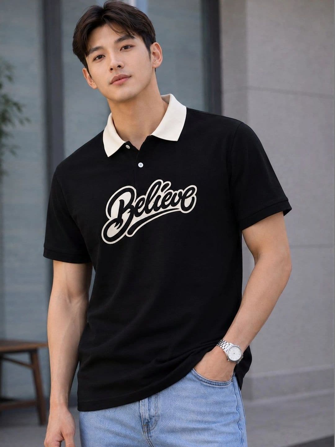 HERE&NOW Men Typography Printed Polo Collar T-shirt - view 1