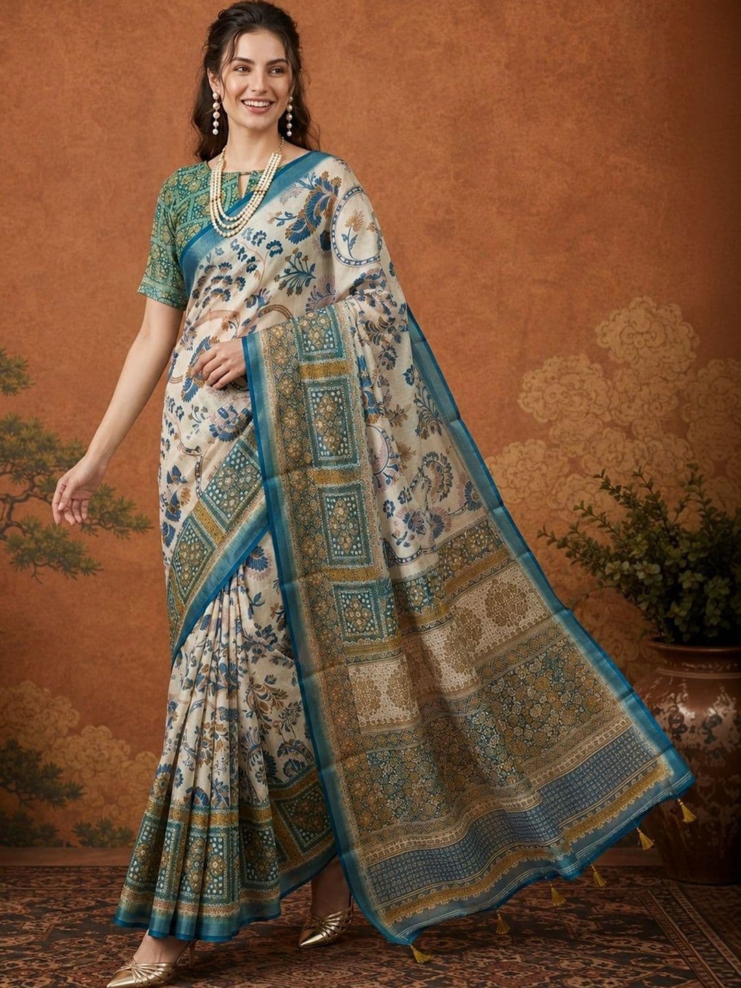 Sangria Floral Zari Pure Linen Fusion Khadi Saree - view 1