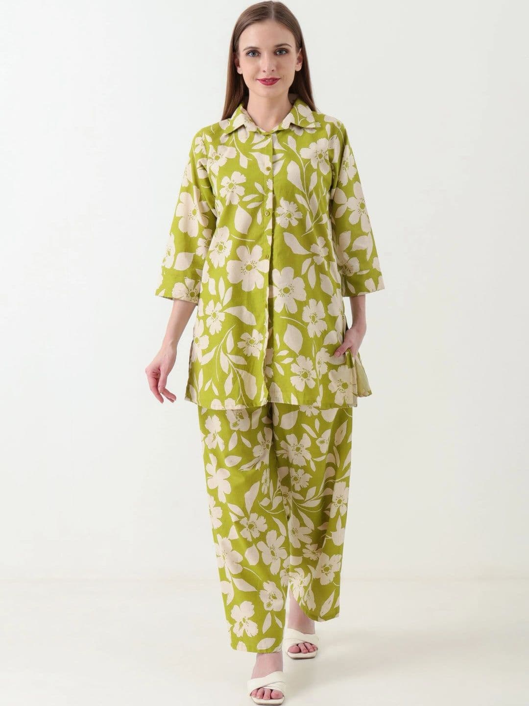 VARNNAN Floral Cotton Printed Shirt with Trousers - view 1