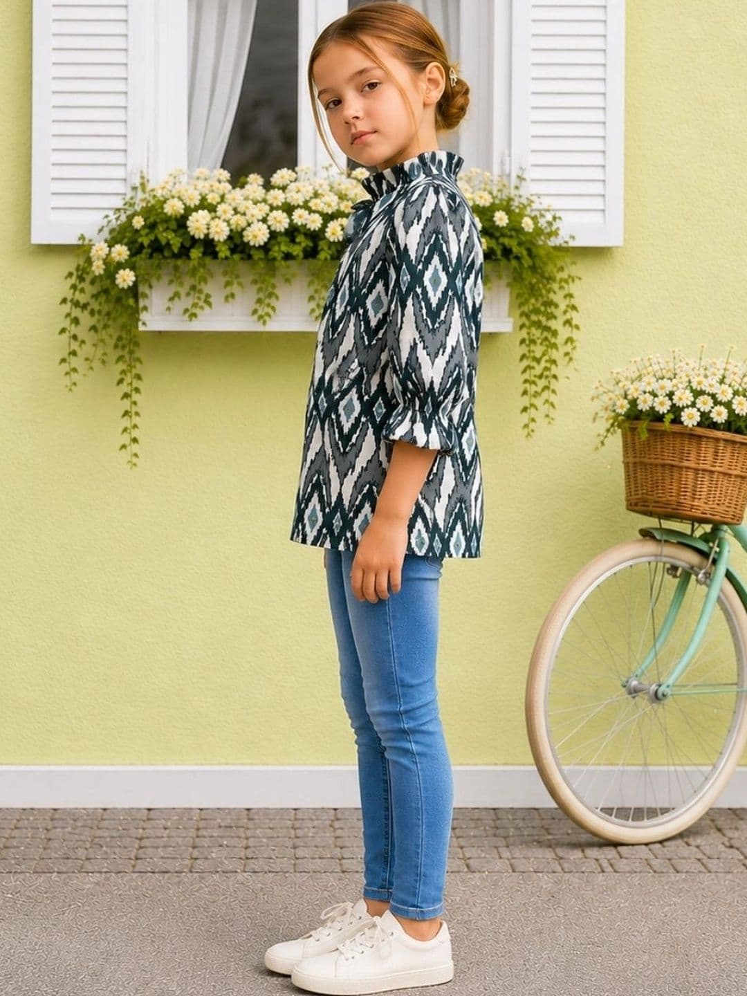Ishti Print Keyhole Neck Flared Sleeve Ruffles Cotton Blend Top - view 1