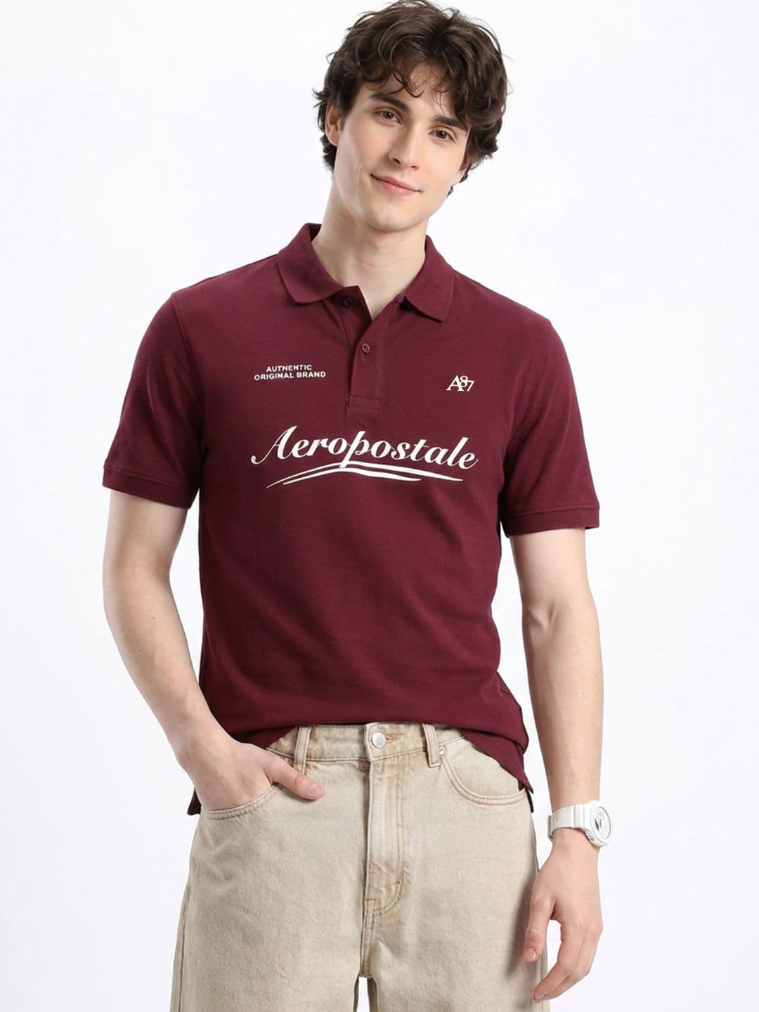 Aeropostale Brand Logo Printed Polo Collar Pure Cotton T-shirt - view 1