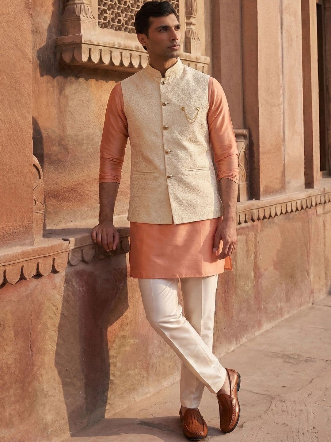 KISAH Woven Designed Mandarin-Collar Nehru Jacket - view 1