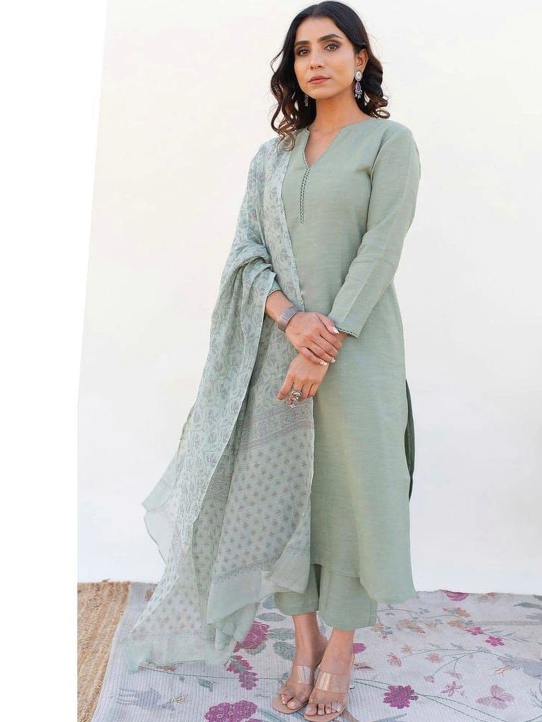NILHARI Printed V-Neck Straight Kurta & Trousers With Dupatta - view 1