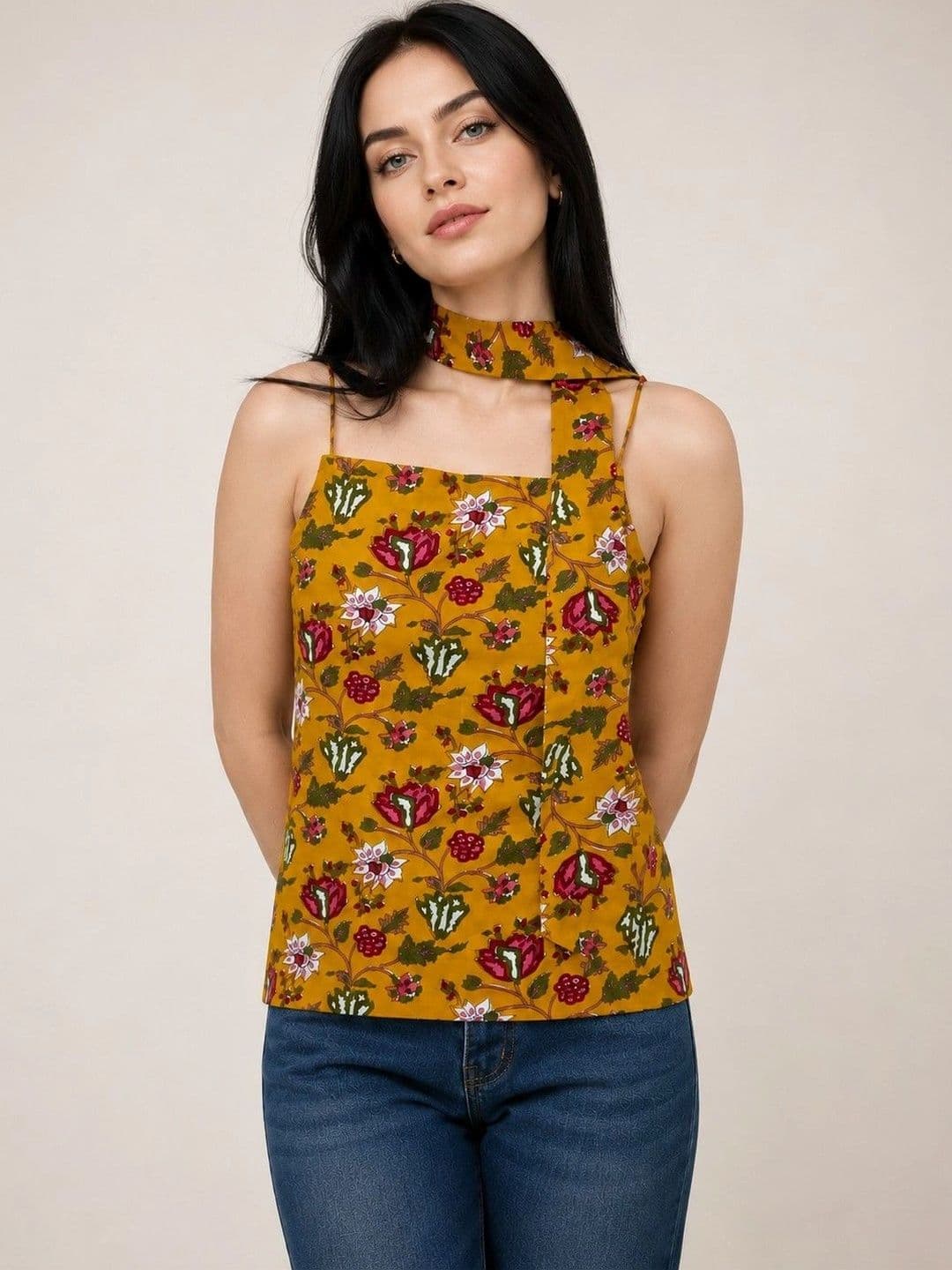 Magnetism Floral Print Tie-Up Neck Cotton Top - view 1