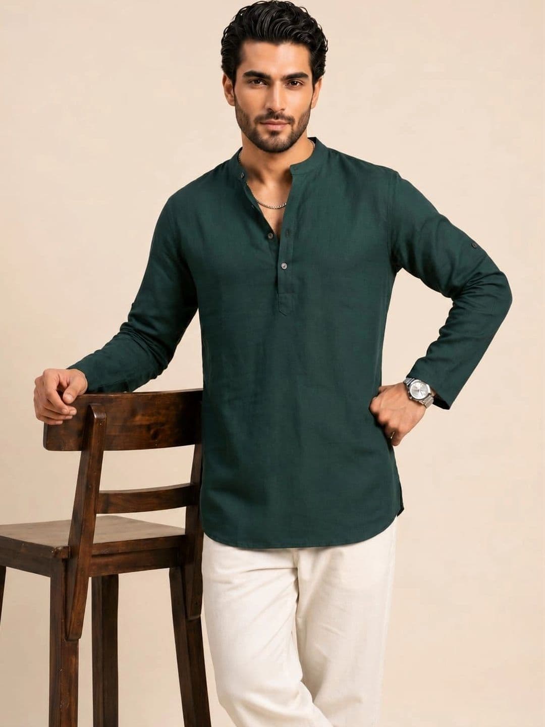 Anouk Men Green Solid Mandarin Collar Straight Short Kurta - view 1