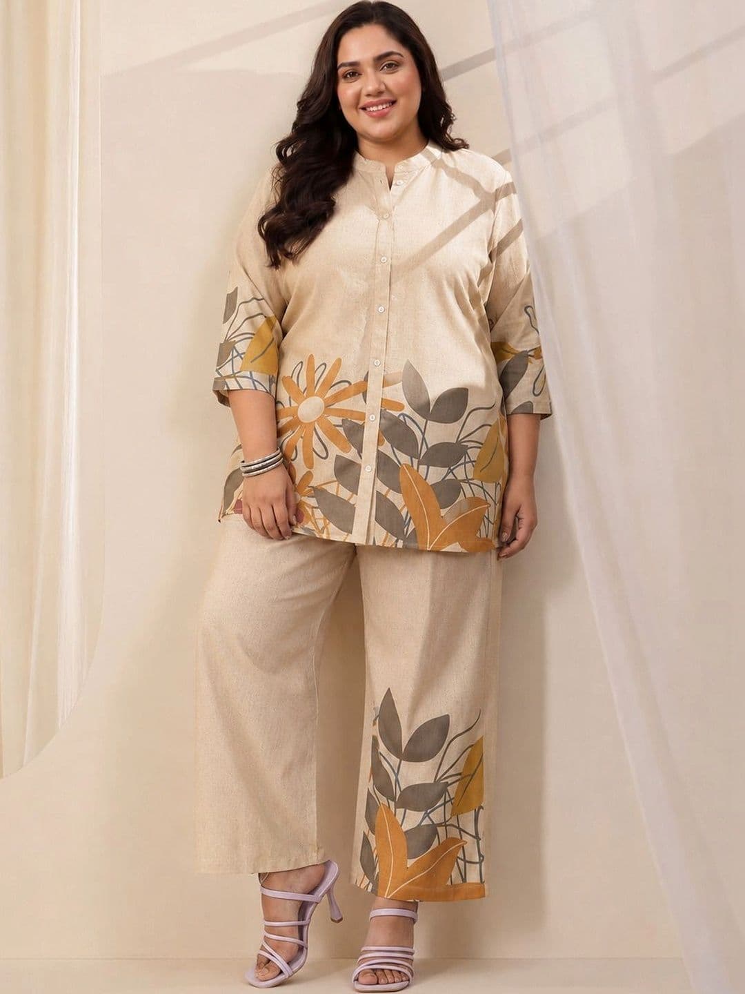 EXTRA LOVE BY LIBAS Plus Size Off White Printed Cotton Blend Co-Ord Sets - view 1