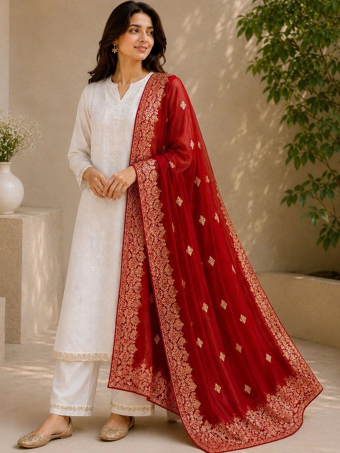 Ground Fashion Ethnic Motifs Embroidered Dupatta with Zari - view 1