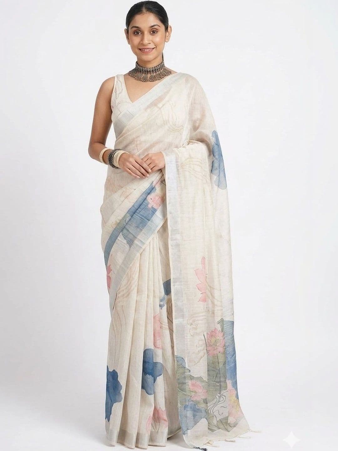 BE IN TEXO FAB Floral Pure Linen Bhagalpuri Saree - view 1
