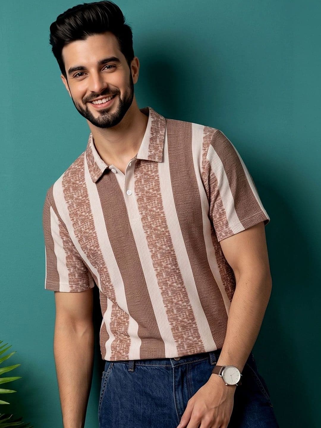 OAKWYN Men Striped Polo Collar T-shirt - view 1