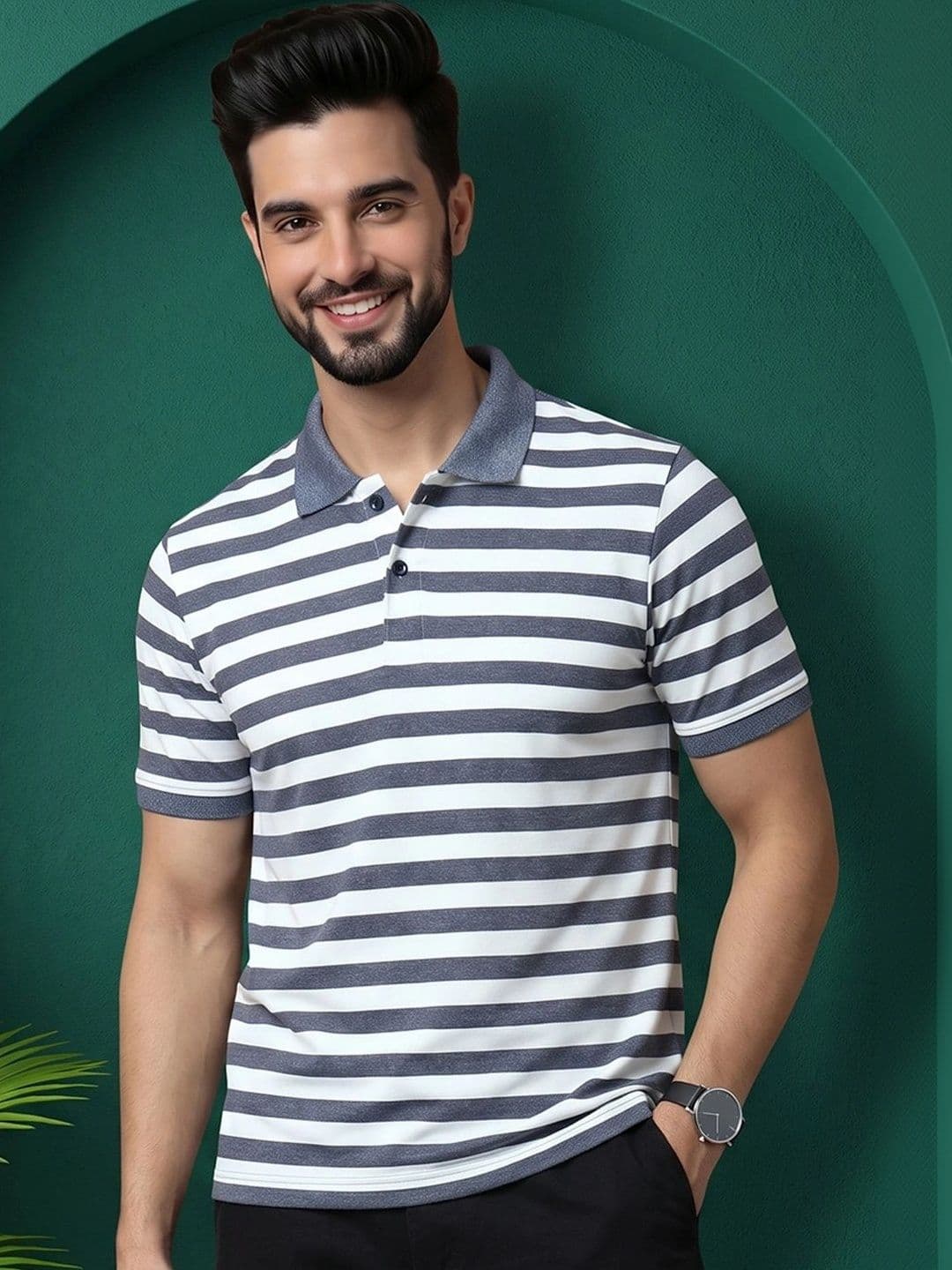 OGEN Men Striped Polo Collar T-shirt - view 1