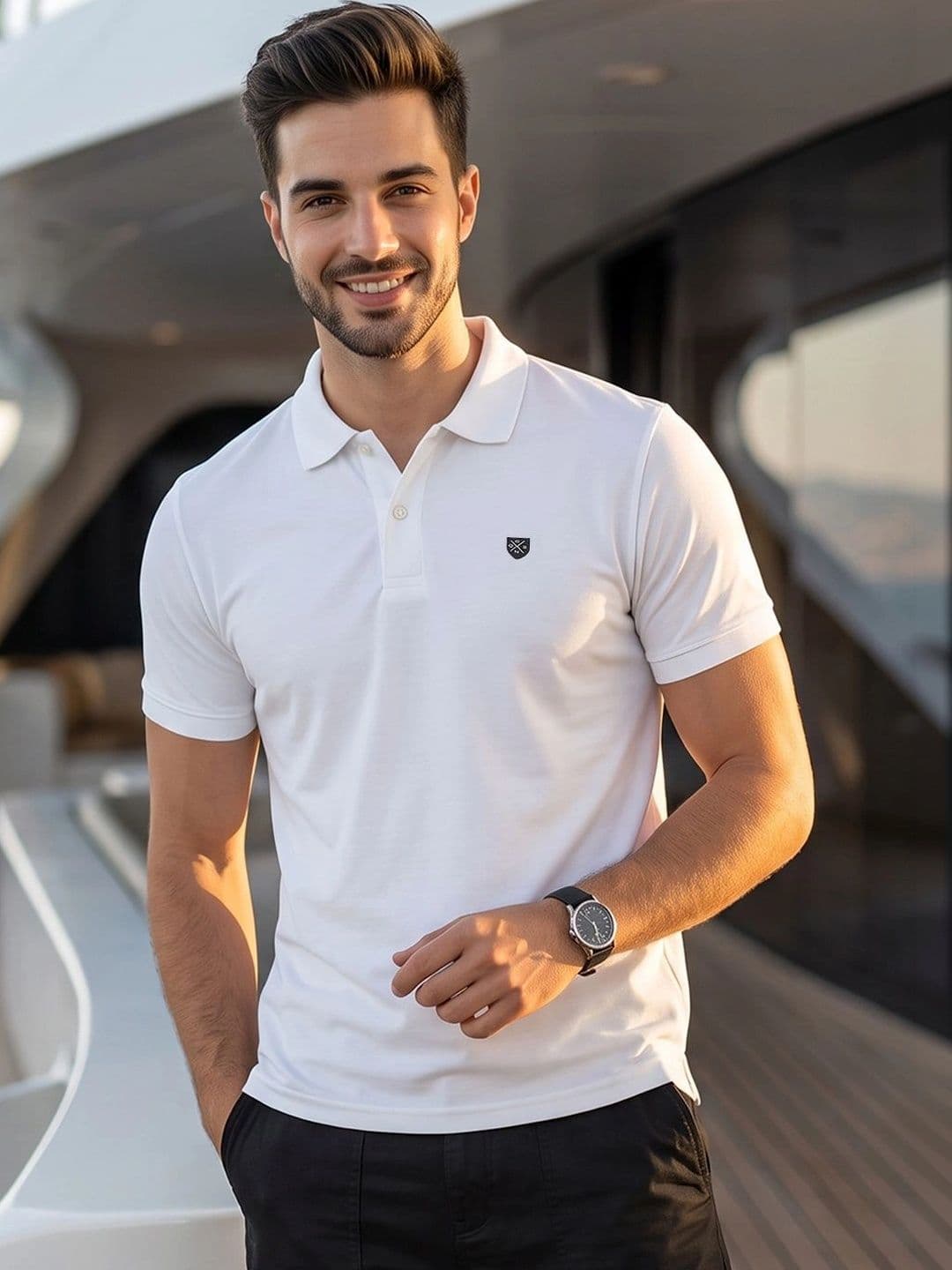 OAKWYN White Polo Collar T-shirt with Brand Logo - view 1