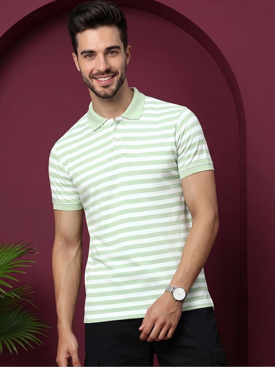 OAKWYN Men Striped Polo Collar T-shirt - view 1