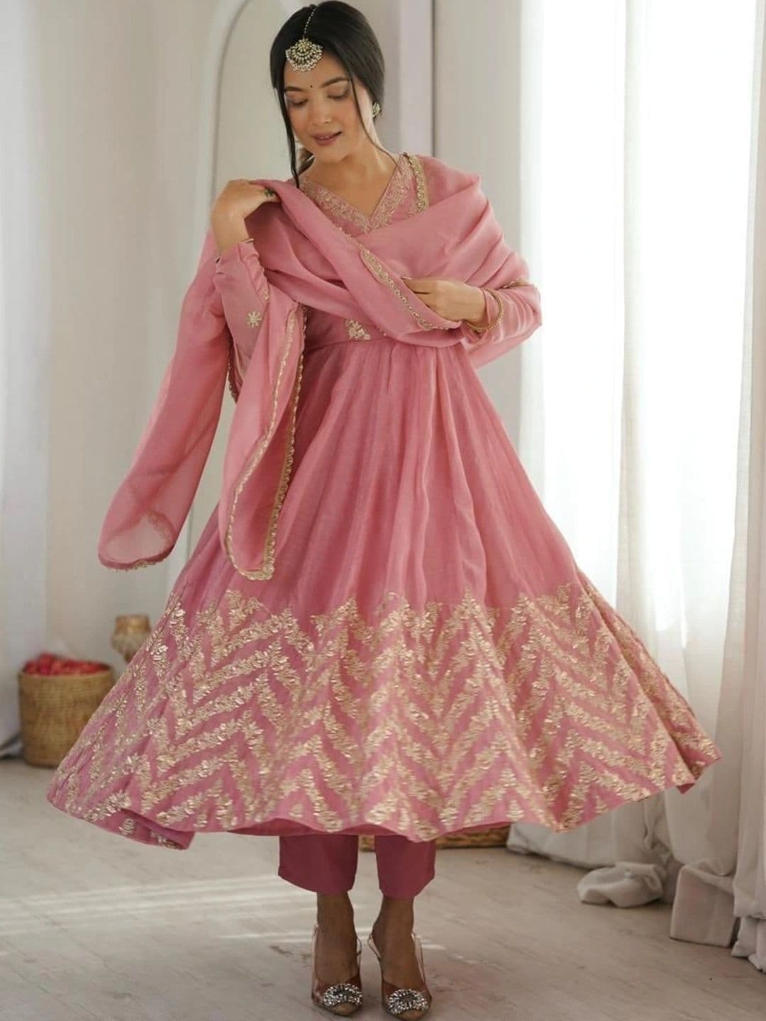 MAHI CREATION Women Ethnic Motifs Embroidered Empire Kurta with Trousers & With Dupatta - view 1
