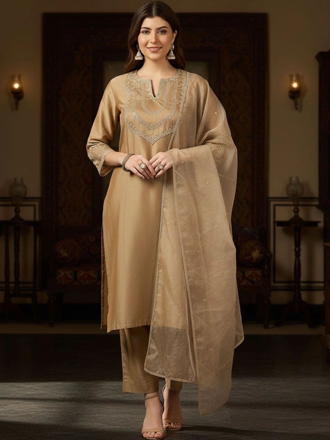 SHREESHA ENTERPRISE Women Ethnic Motifs Embroidered Regular Kurta with Trousers & With Dupatta - view 1