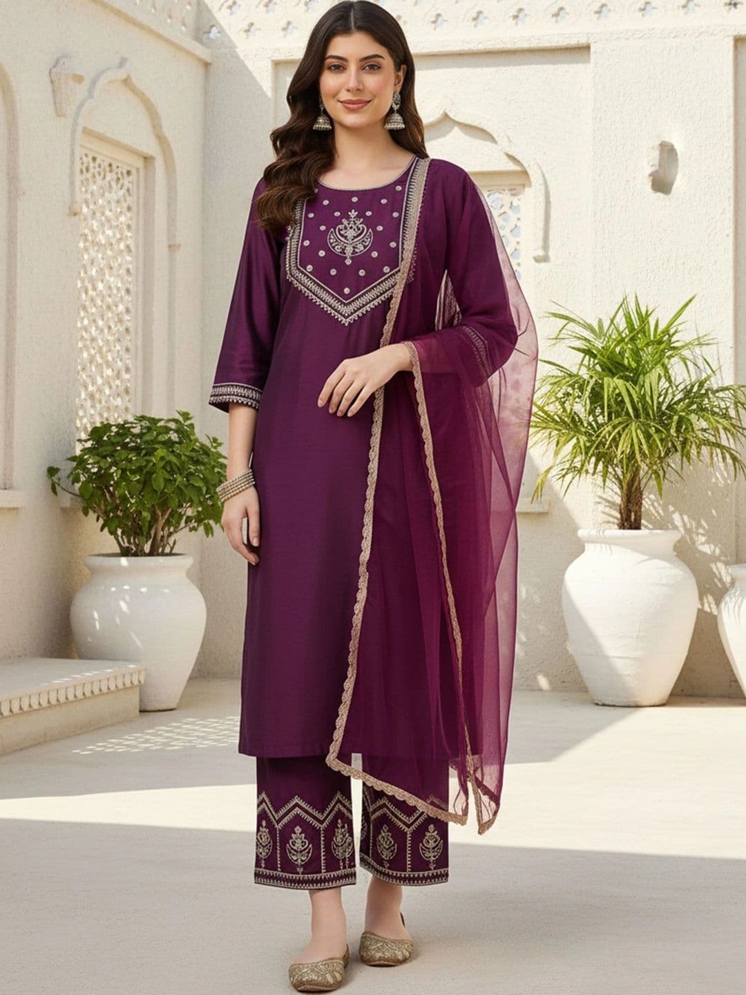 SHREESHA ENTERPRISE Women Ethnic Motifs Embroidered Regular Thread Work Kurta with Palazzos & With Dupatta - view 1