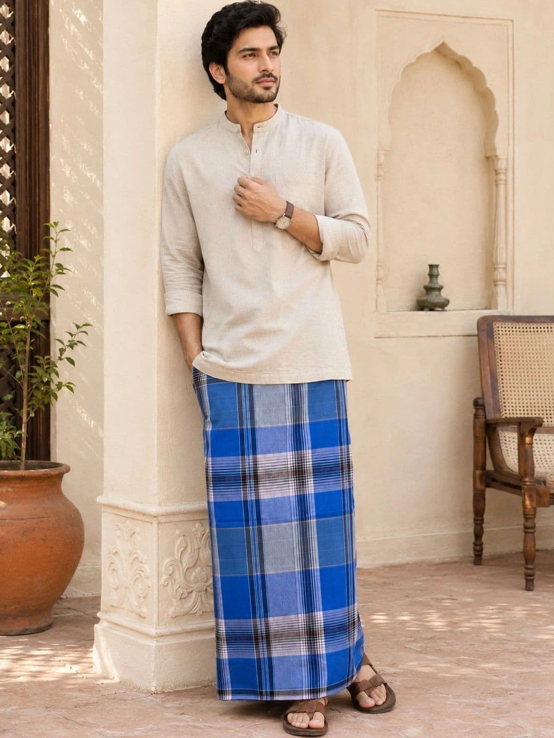 AKESHAVAM Men Checked Cotton Dhoti Dhotis - view 1