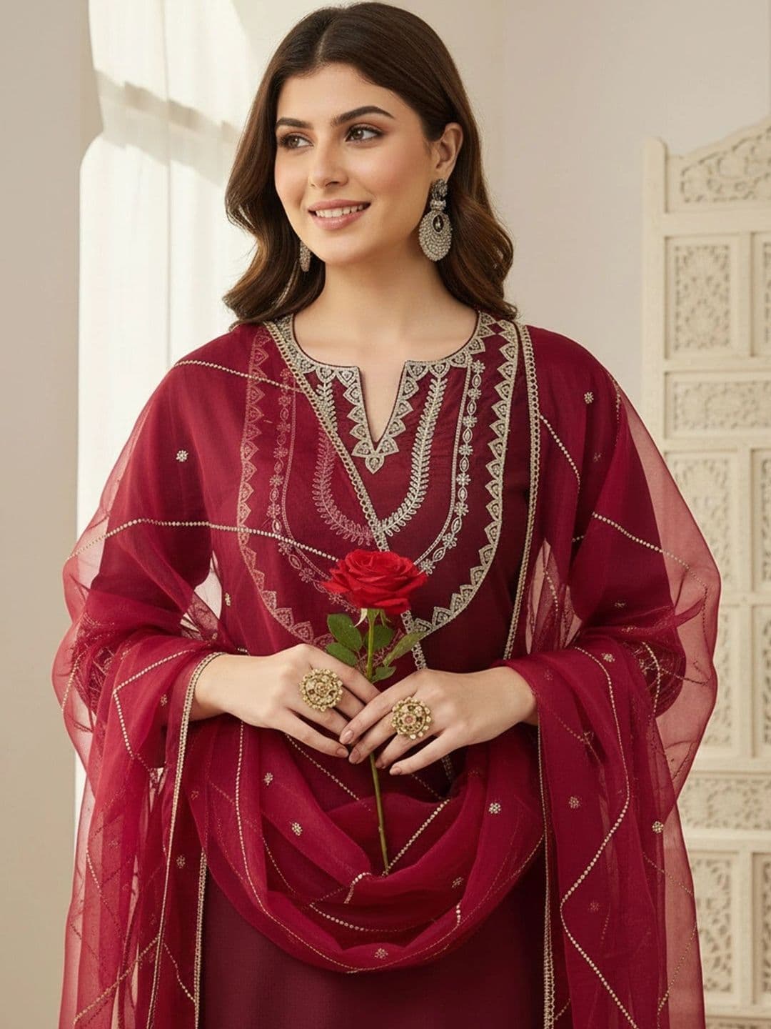 SHREESHA ENTERPRISE Women Ethnic Motifs Embroidered Regular Thread Work Kurta with Trousers & With Dupatta - view 1