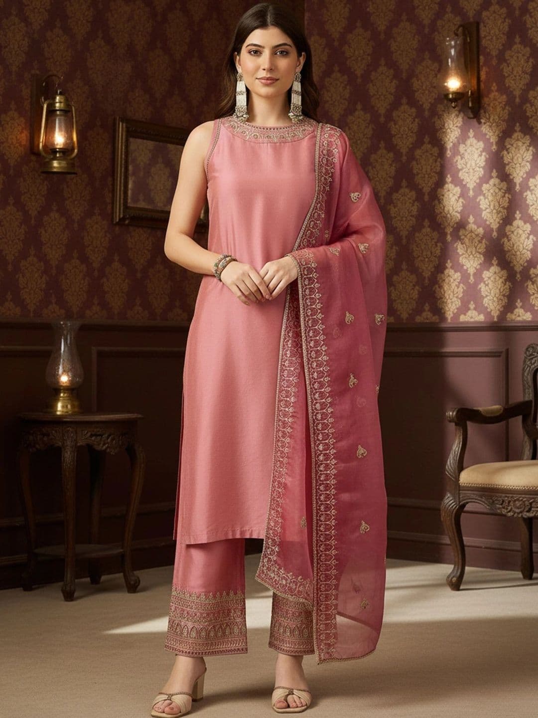 SHREESHA ENTERPRISE Women Ethnic Motifs Embroidered Regular Thread Work Kurta with Trousers & With Dupatta - view 1