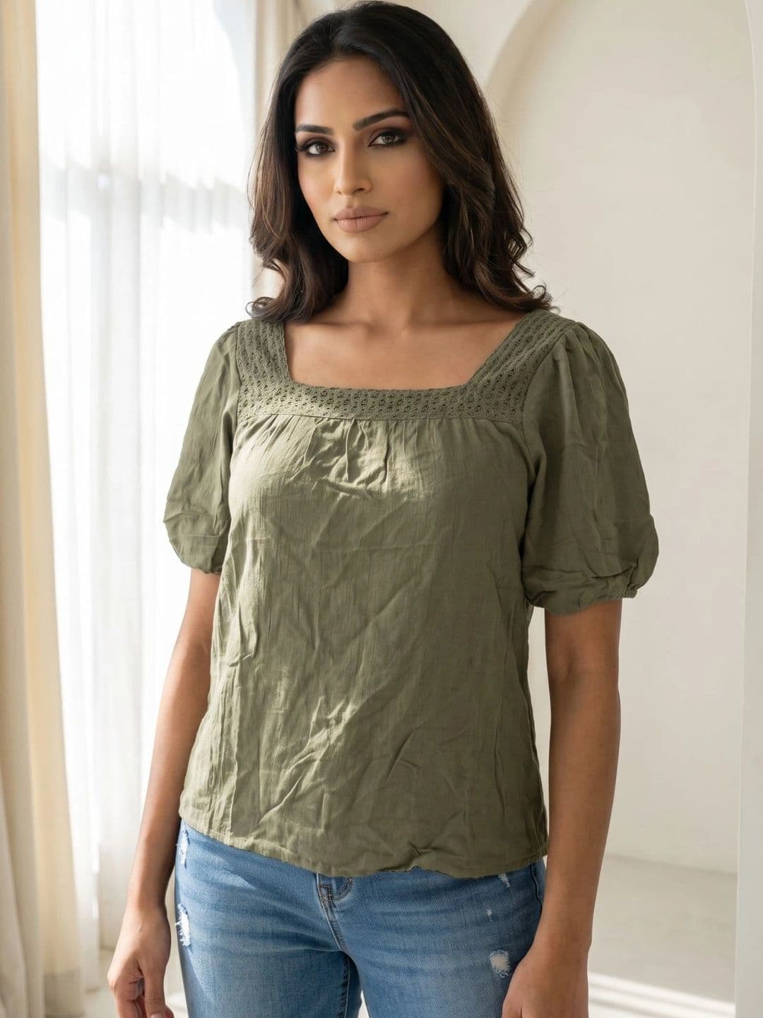 RANGRIWAZ Puff Sleeve Crepe Top - view 1