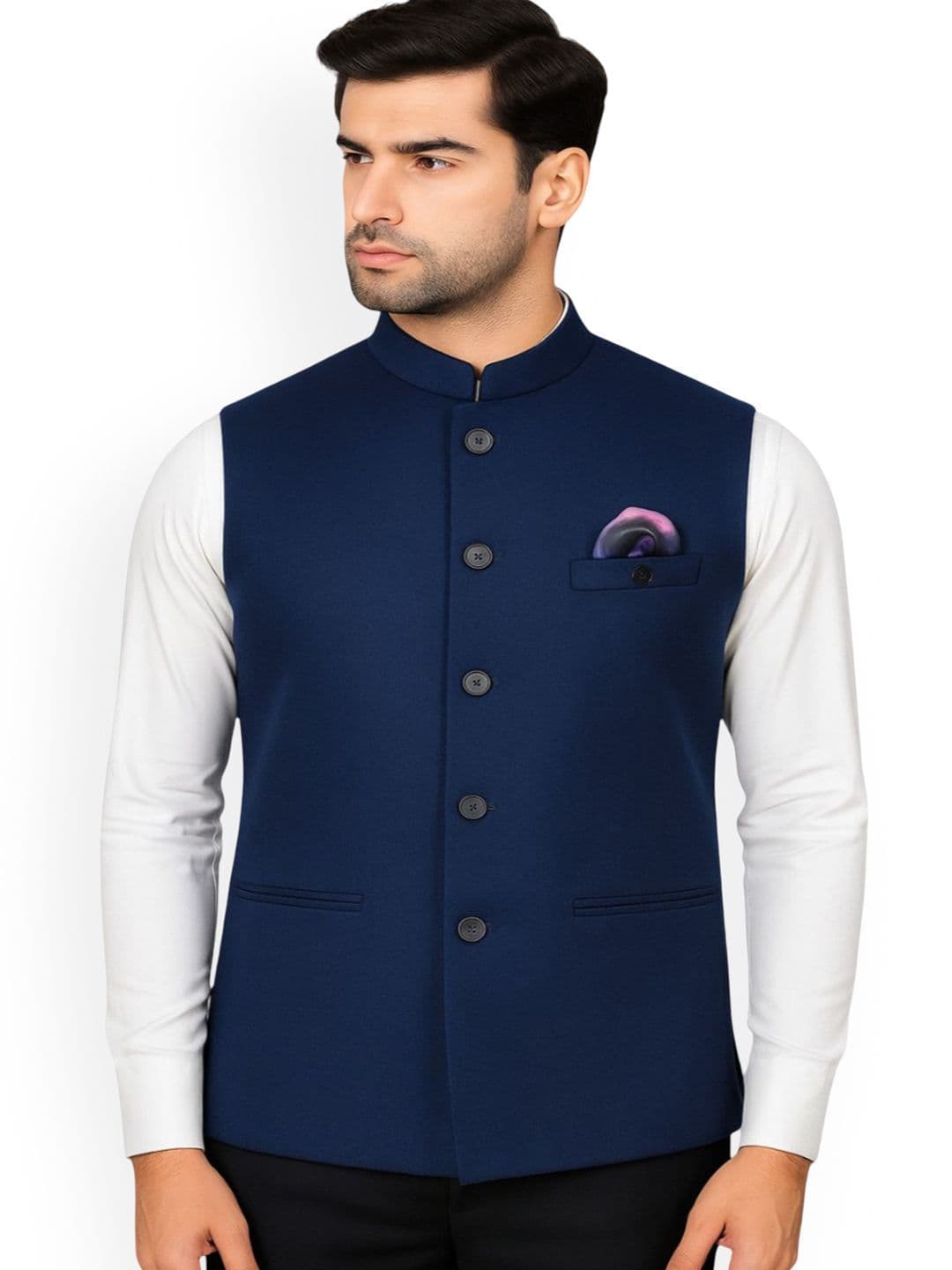 RISANI Men Mandarin Collar Neck Woven Nehru Jacket With Pocket Square - view 1