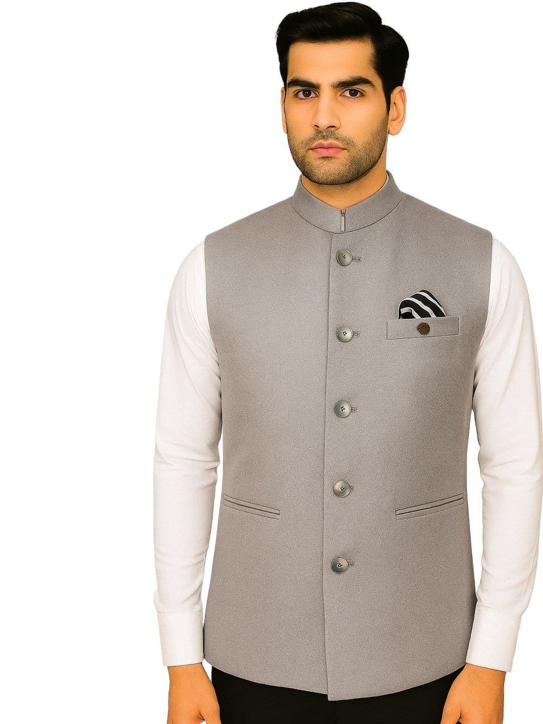 RISANI Grey Wool Blend Pocket Square Formal Nehru Jackets - view 1