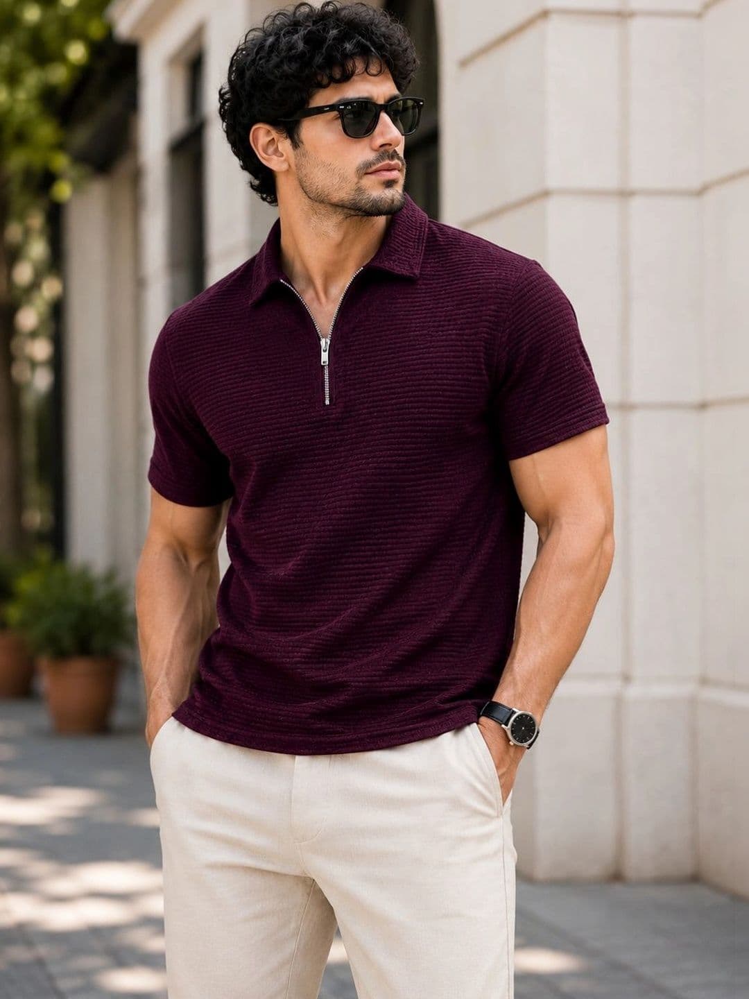 Colorchakra Self Design waffle Knit Polo Collar T-shirt - view 1