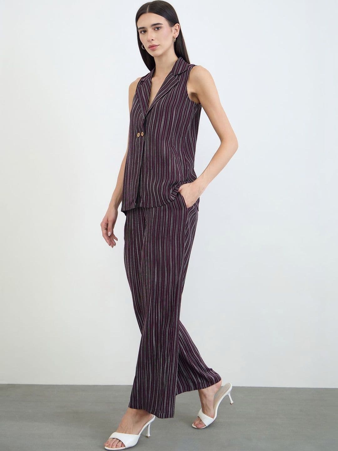 Styli Women Burgundy Striped Lapel Collar Sleeveless Top & Trousers Co-Ord Set - view 1
