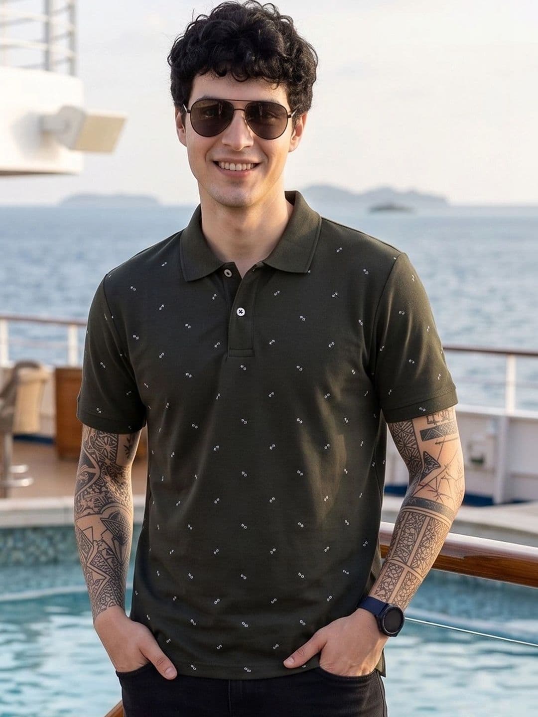 AIN6 Men Printed Polo Collar T-shirt - view 1