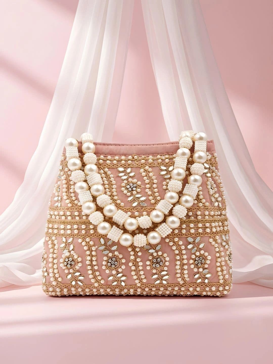 Adiva Pink Fabric Mirror Work Pearl Beaded Ethnic Handheld Bag - view 1