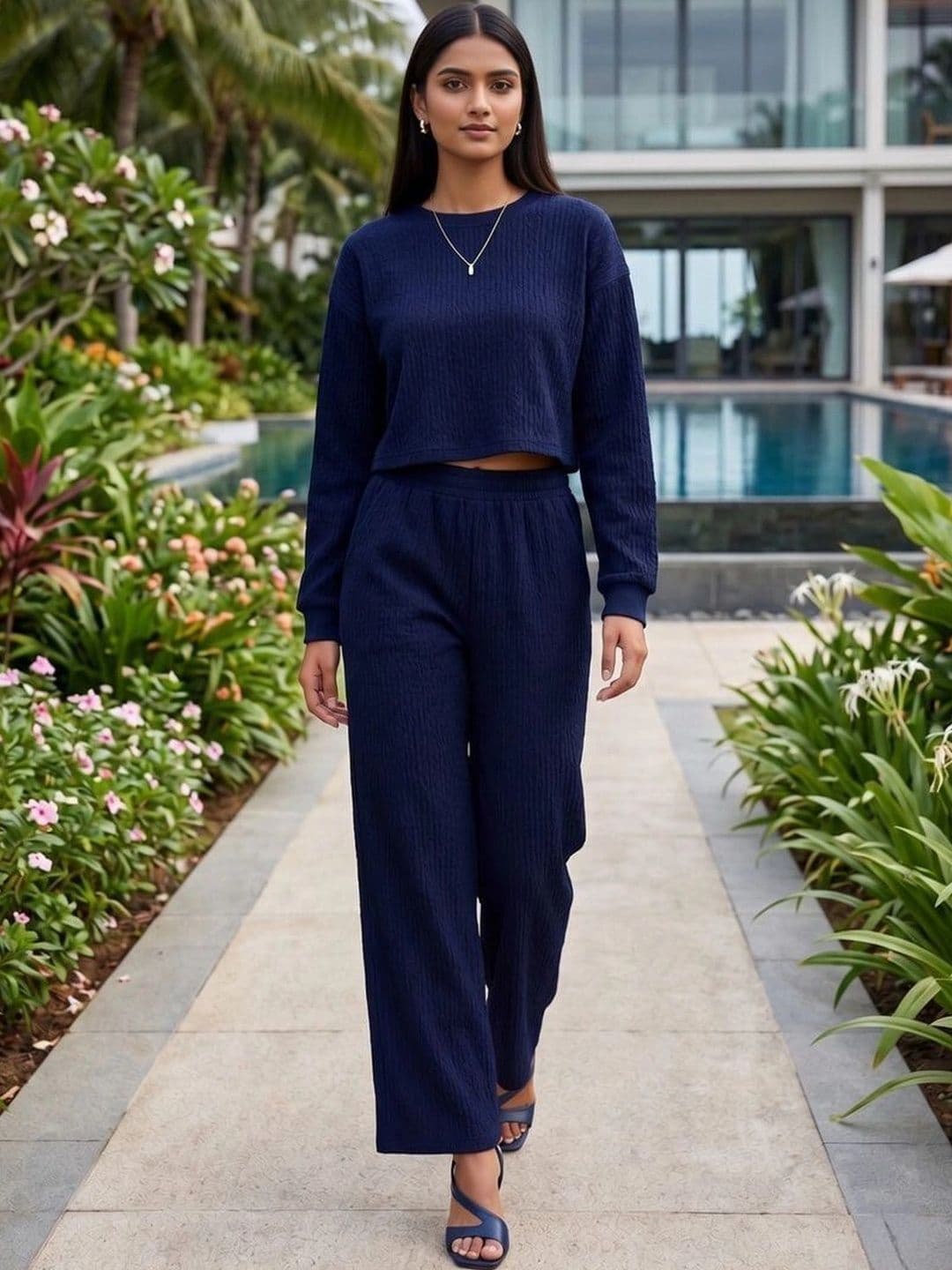 Merira Knitted Self Design Sweater with Palazzos - view 1