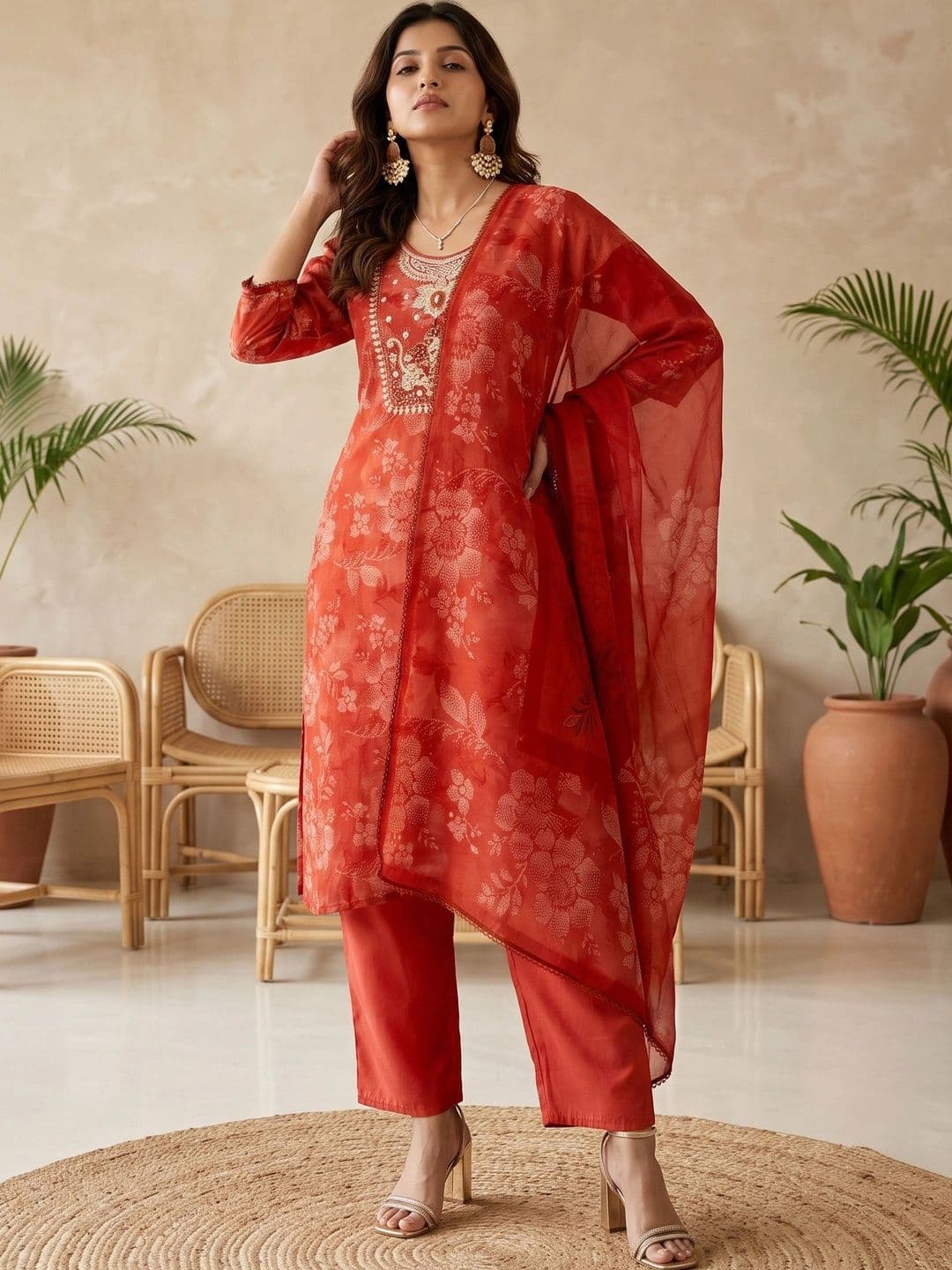 RiRi Women Floral Printed Regular Thread Work Chanderi Silk Kurta with Trousers & With Dupatta - view 1