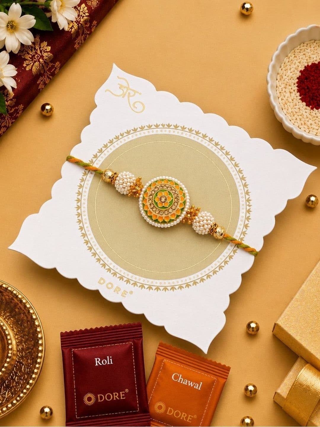 Dore Floral Pearl Designer Rakhi with Premium Roli Chawal - view 1