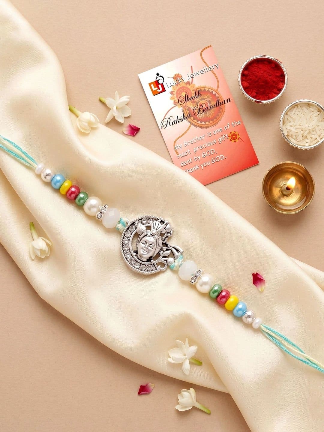 LUCKY JEWELLERY Silver Tone Bal Gopal Krishna Beaded Rakhi with Roli Chawal & Card - view 1