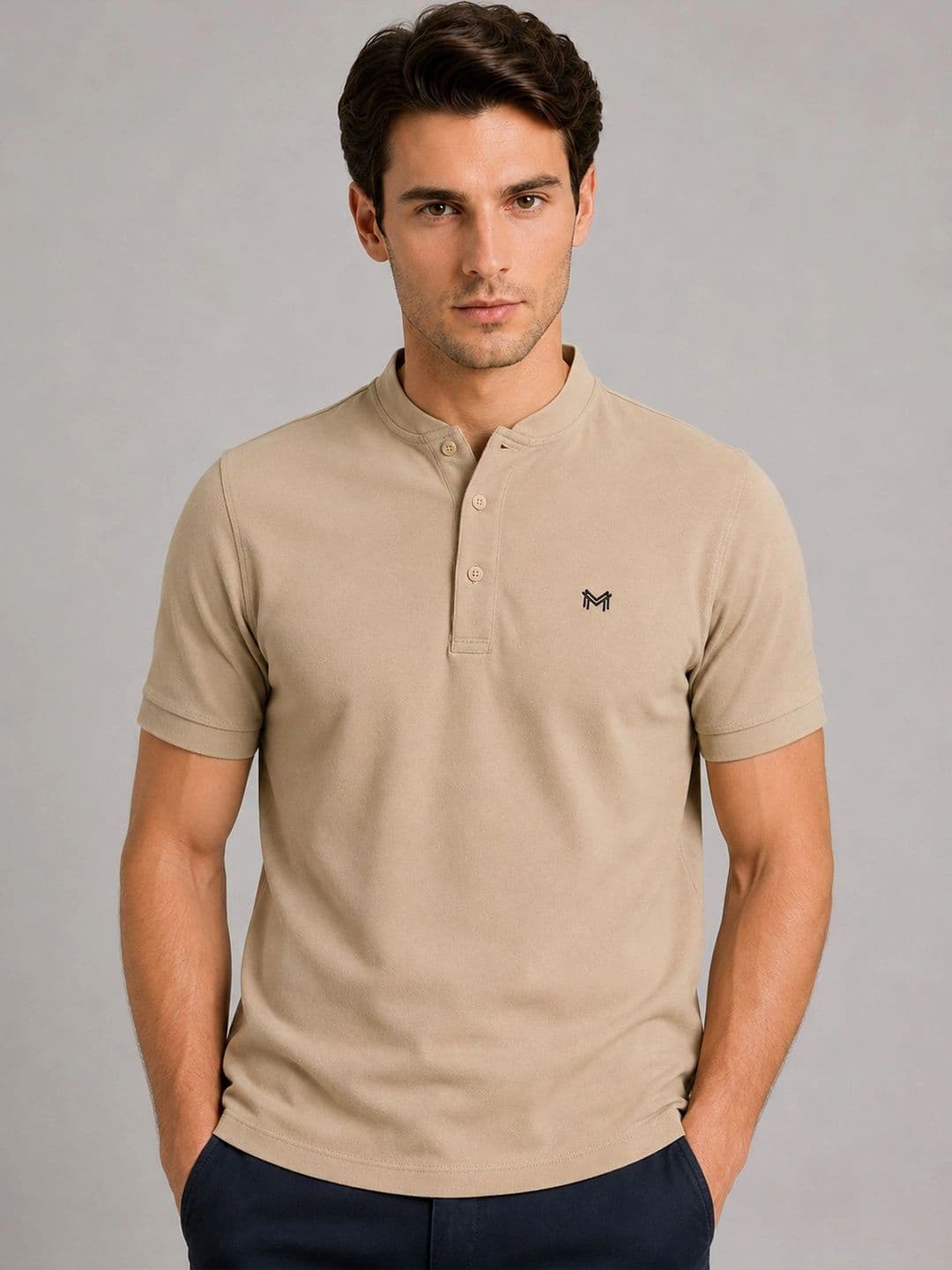 Monk Mode Men Brand Logo Mandarin Collar T-shirt - view 1