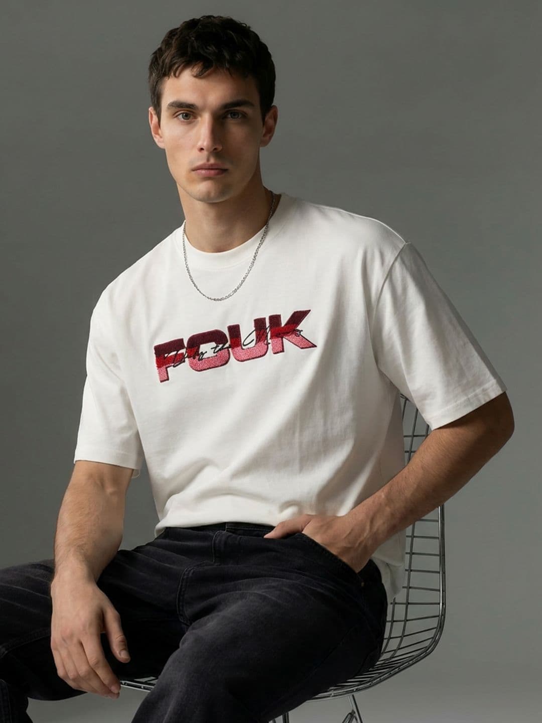 FCUK Brand Logo Embroidered Drop-Shoulder Sleeves Pure Cotton Relaxed Fit T-shirt - view 1