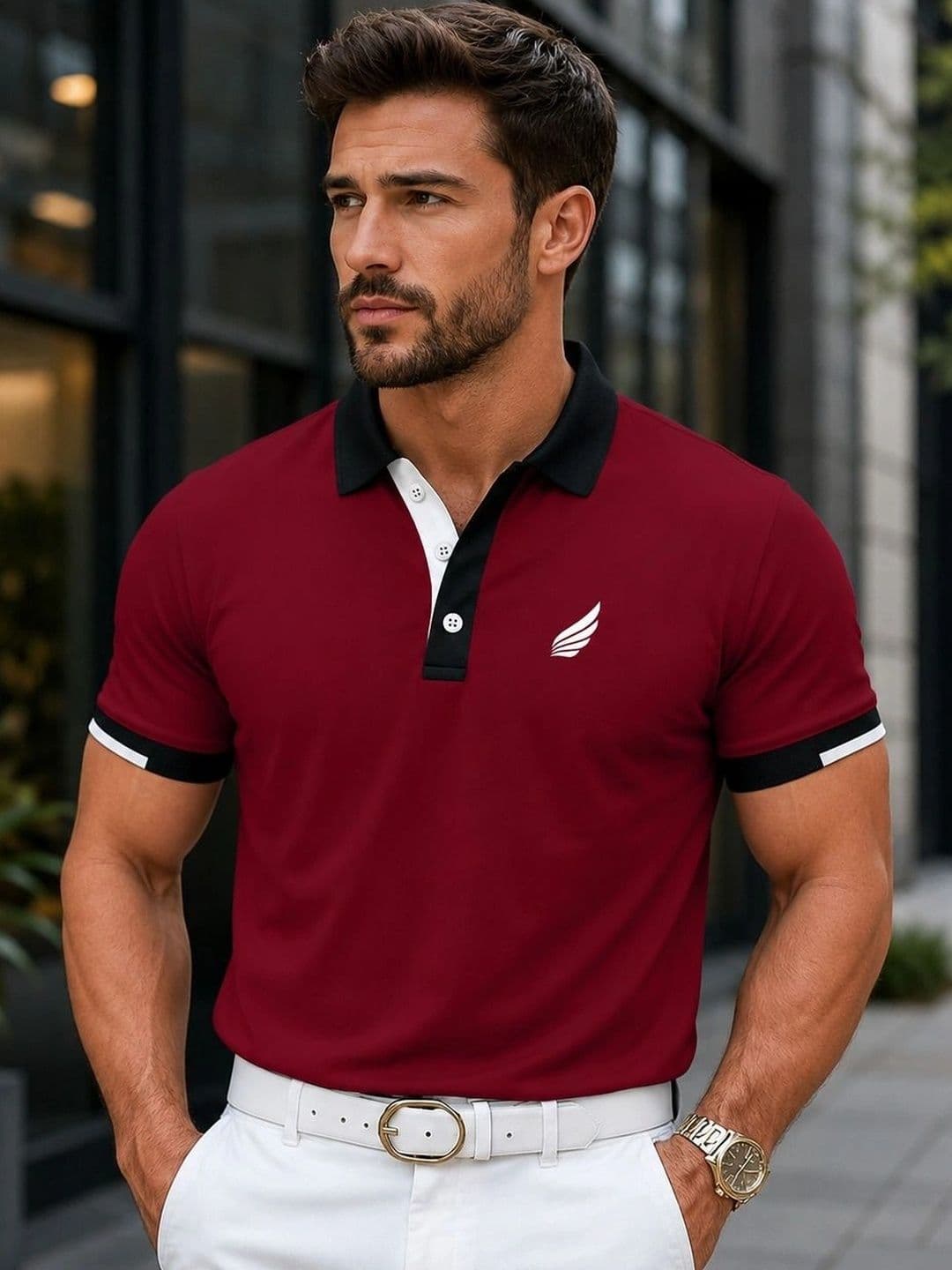 HERE&NOW Men Brand Logo Colourblocked Polo Collar T-shirt - view 1