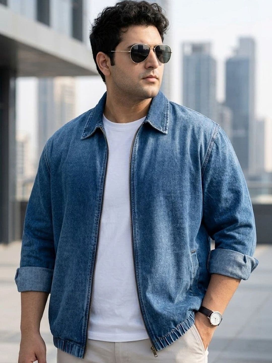 Urbano Plus Men Plus Size Dark Blue Relaxed Fit Full Sleeve Harrington Denim Jacket - view 1