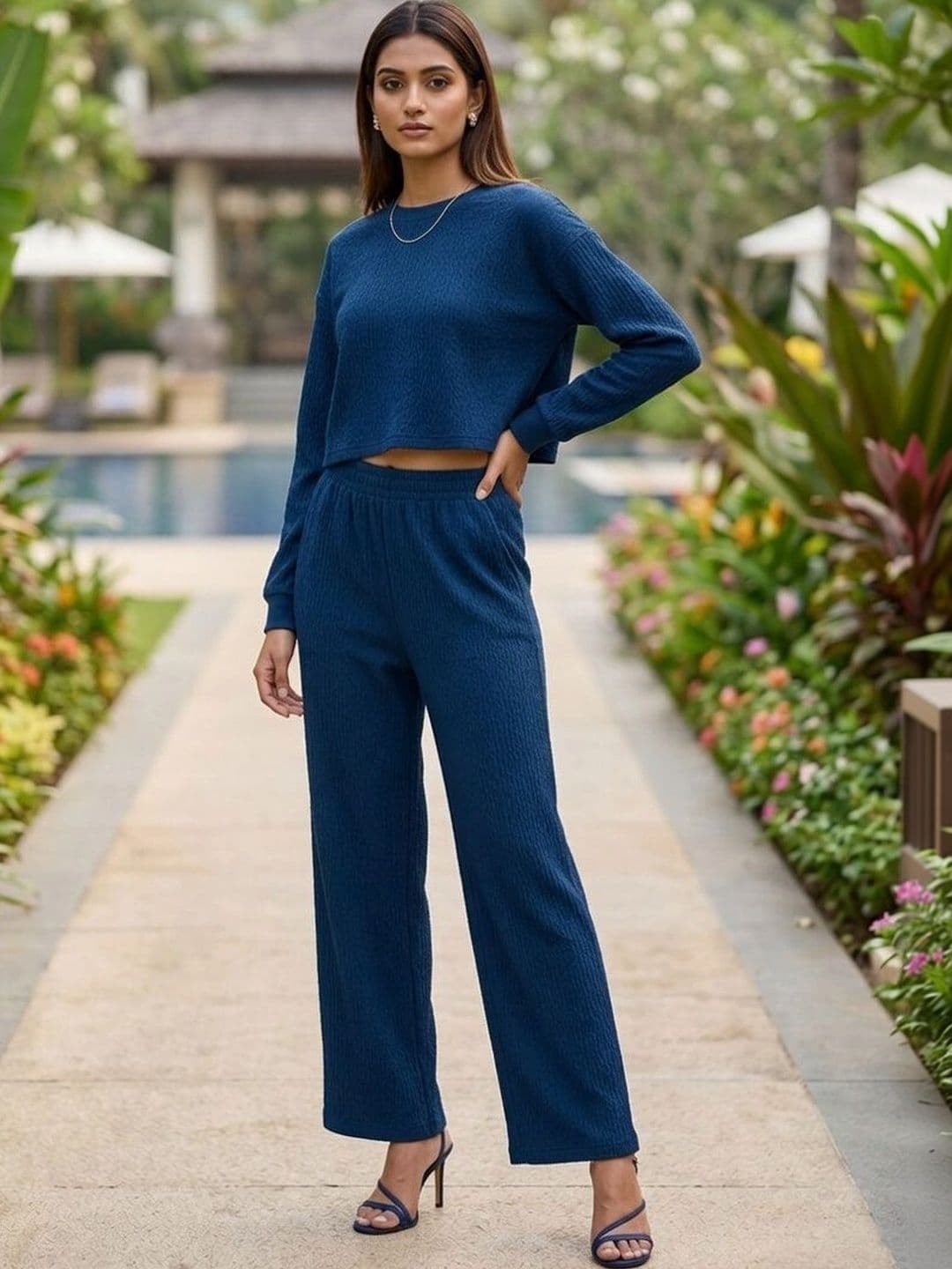 Merira Knitted Self Design Sweater with Palazzos - view 1
