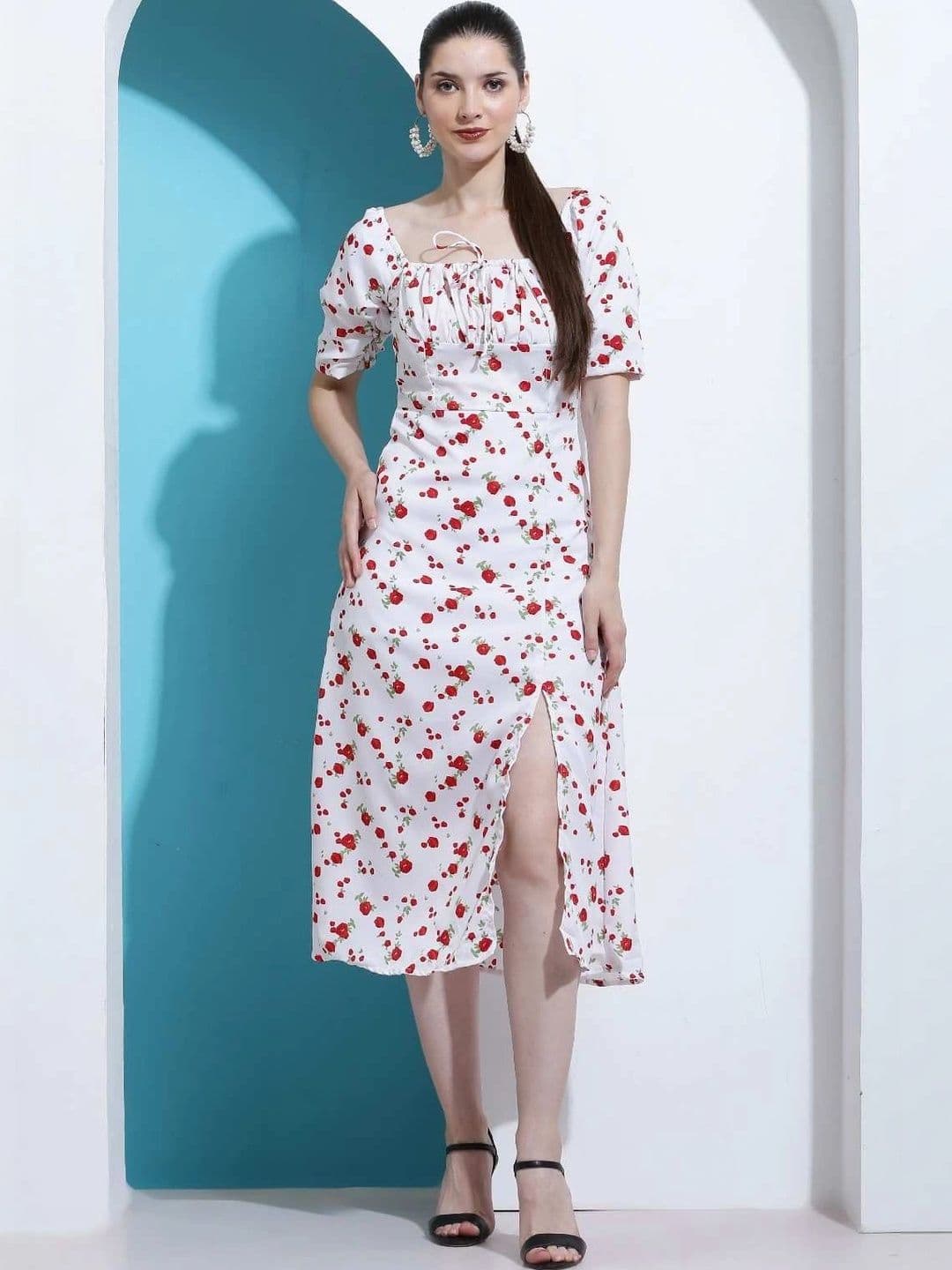ZESHE MESHE Floral Print Puff Sleeve Ruffled A-Line Midi Dress - view 1
